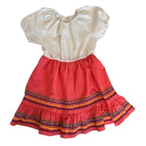 Vintage 70s Love Brand White Pink Ribbon Lace Fit & Flare Cotton Dress Size 6